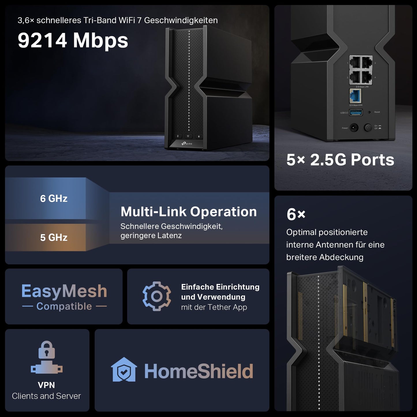 TP-Link Tri-Band BE9300 WiFi 7 Router Archer BE550 | 6-Stream 9,2 Gbps | 𝟐,𝟓𝐆-𝐏𝐨𝐫𝐭𝐬 | USB 3.0 | 6 intelligente interne Antennen | VPN-Clients und -Server | HomeShield